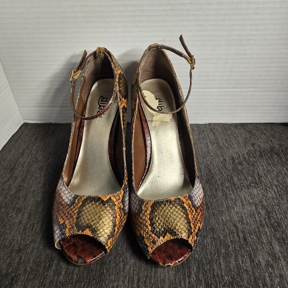 Diba Snakeskin Print Peep Toe Ankle Strap Pumps Brown Orange Gold Size 8.5M